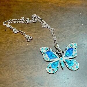 Beautiful Silver Tone Alloy Rhinestone Enamel Butterfly Long Necklace